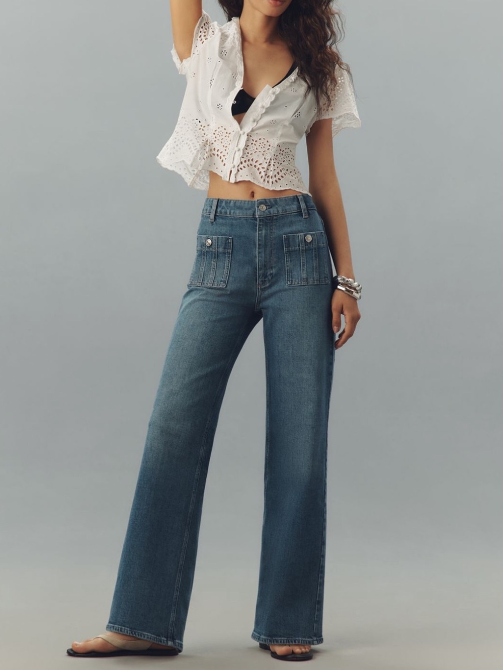 PAIGE Anessa 31 High Rise Wide Leg Patch Pocket Jeans Size 27 Paley